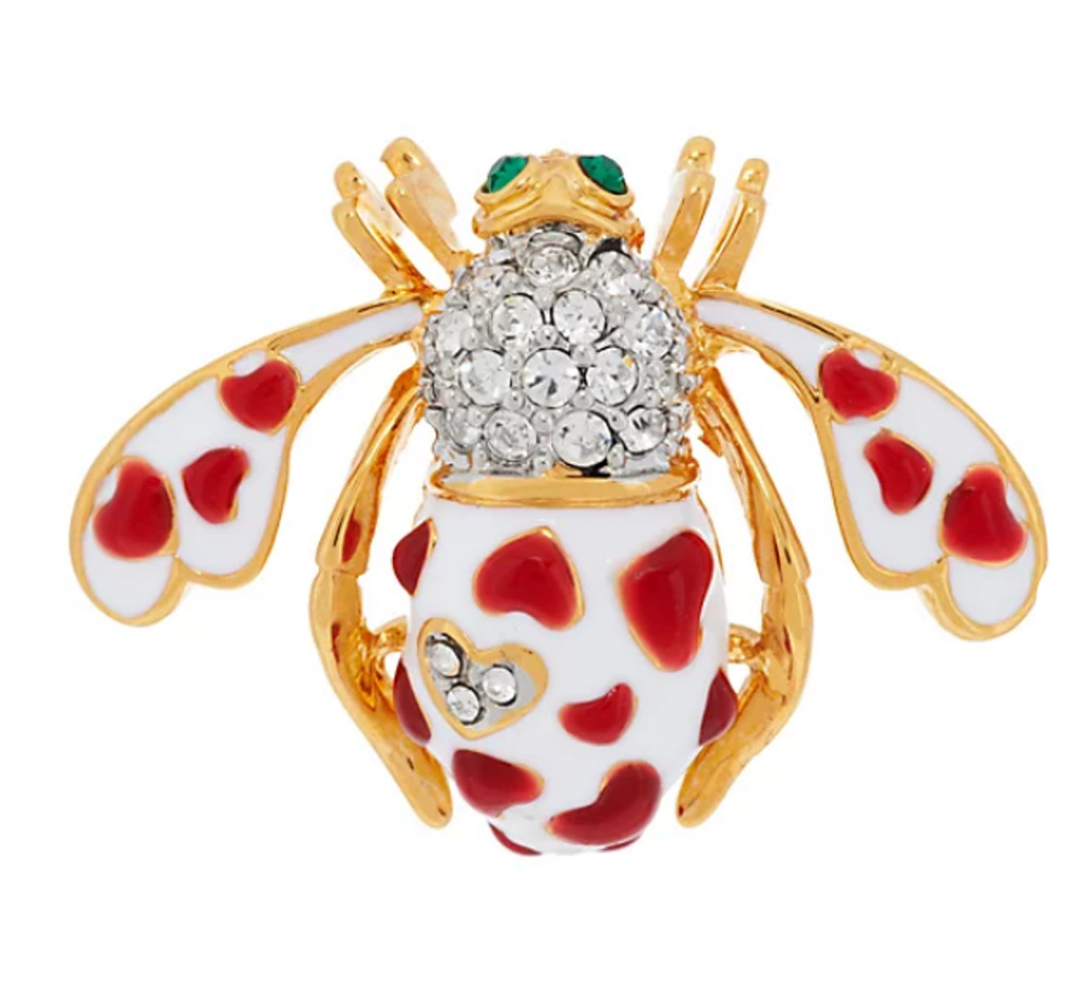 Joan Rivers Bee Pin Brooch Lots Of Love Crystal Red Hearts White Enameled Gold